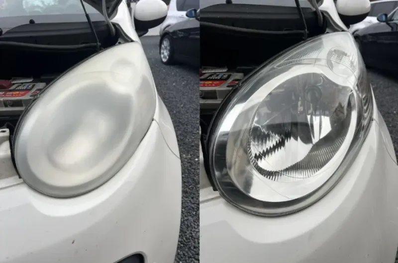 Phare avant et après restauration : optique jaunie à gauche, optique redevenue transparente à droite